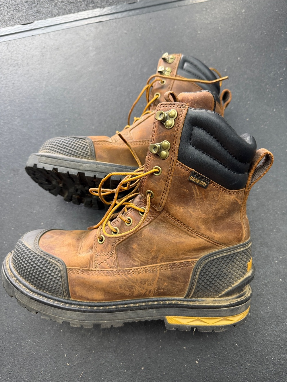 RedHead Brown Leather Work Boots with Black Collar and Yellow Accents